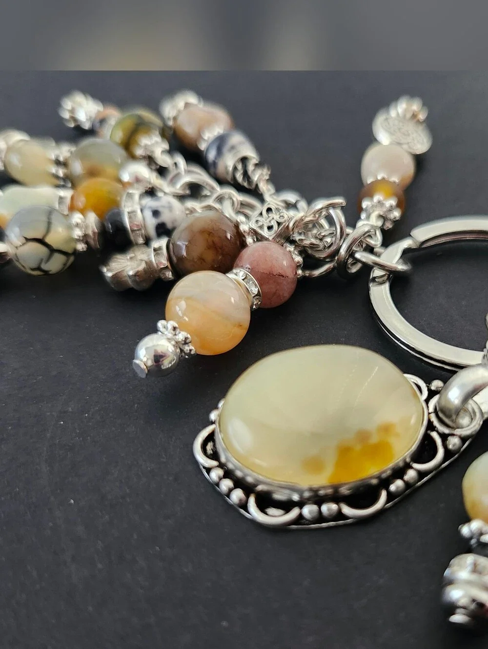 Yellow Agate 925 Frame Purse Charm or Keychain Rhodonite Granite Handcrafted